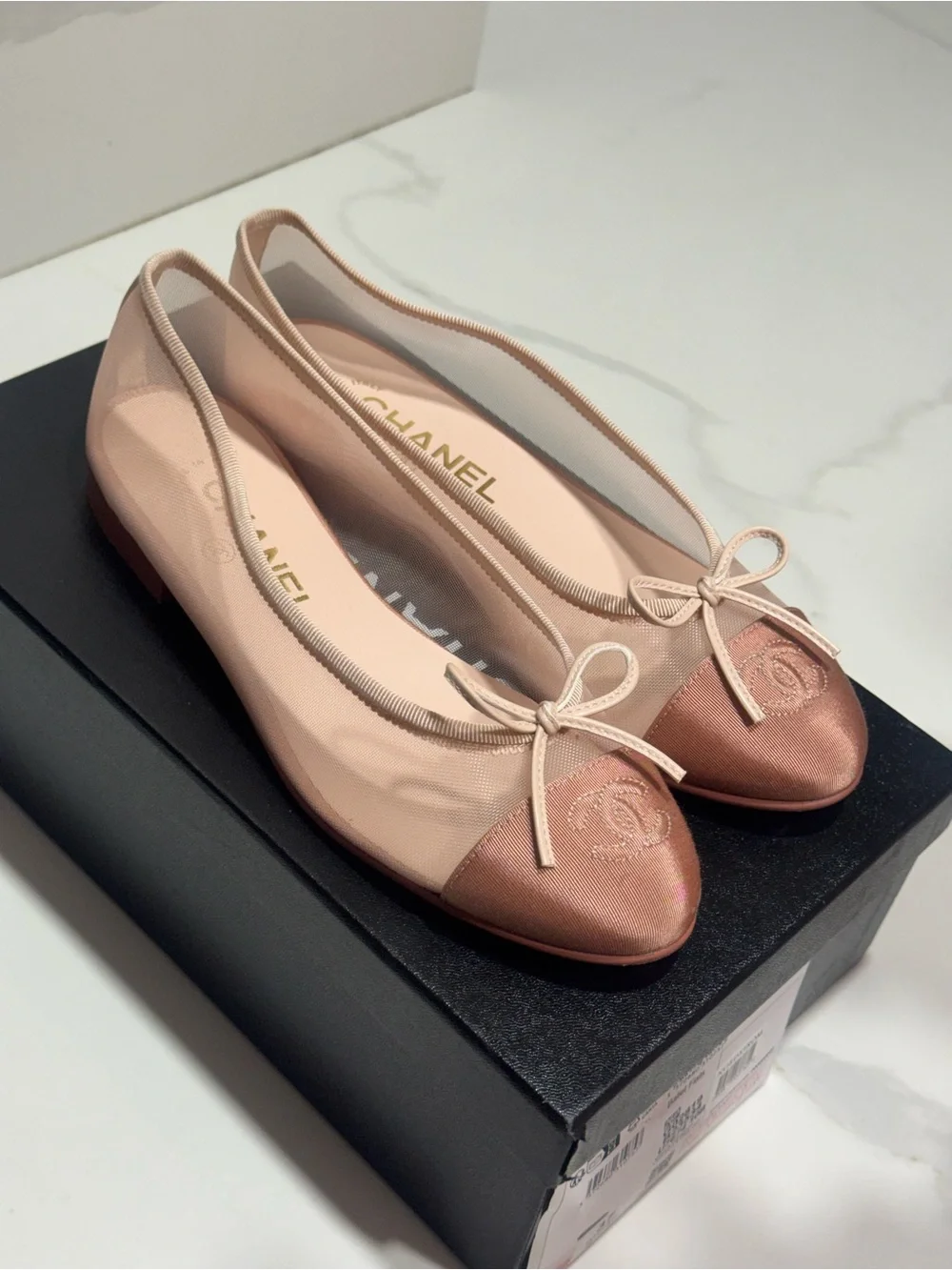 CHANEL Blush Pink Mesh Ballet Flats with Rose Metallic Cap-Toe